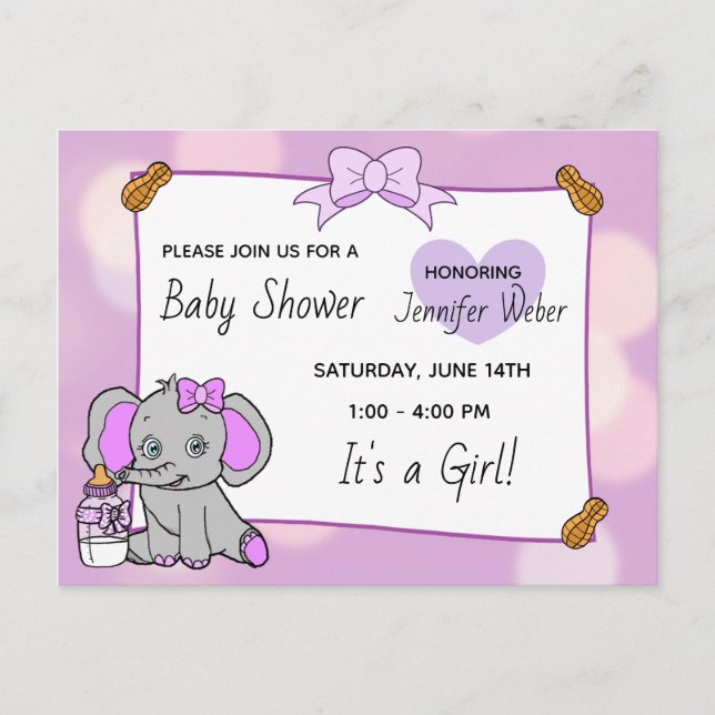 Postal Bonito Elefante Púrpura Chica Baby Shower (Anverso)