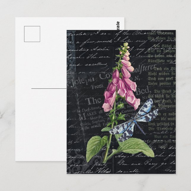 Postal Bonito Flor de cosecha y mariposa Botánica (Anverso / Reverso)