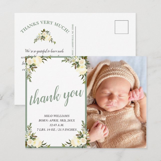 Postal Bonito Floral Amarillo Baby Shower Gracias Foto (Anverso / Reverso)