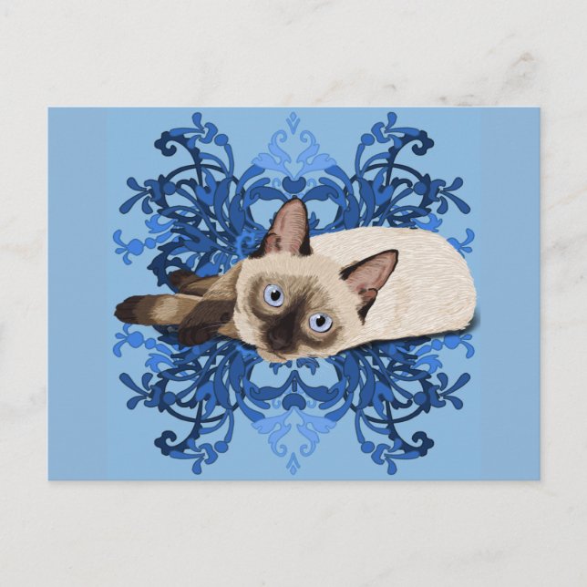 Postal Bonito floral azul elegante del gato siamés felino (Anverso)