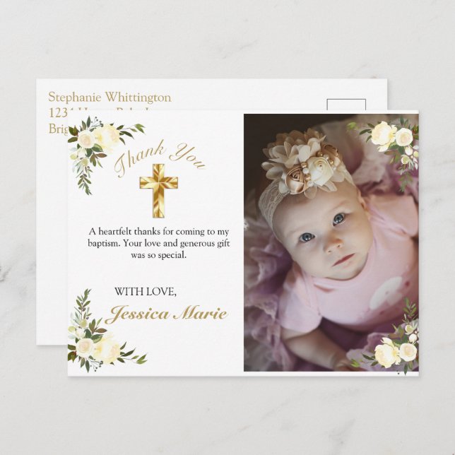 Postal Bonito Floral Gold Cross Baptism Foto Gracias (Anverso / Reverso)