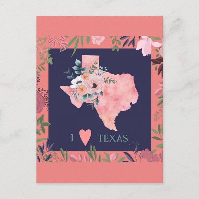 Postal Bonito Floral I Love Texas State Map Postcard (Anverso)