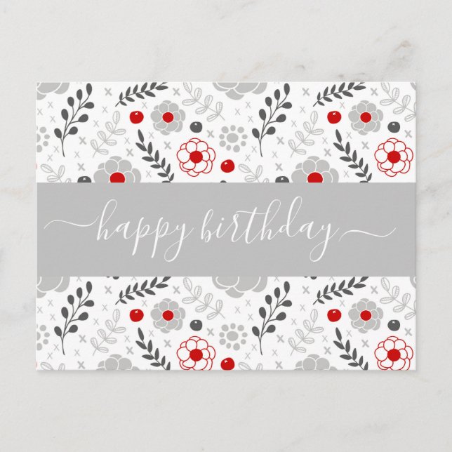 Postal Bonito Flores modernas rojas y grises Cumpleaños (Anverso)