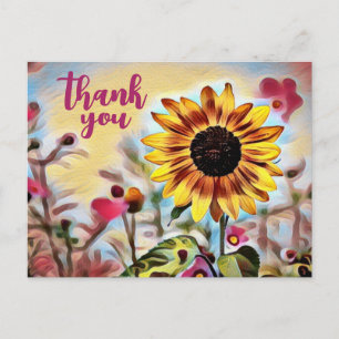 Postal Bonito girasol amarillo y flores rosas gracias