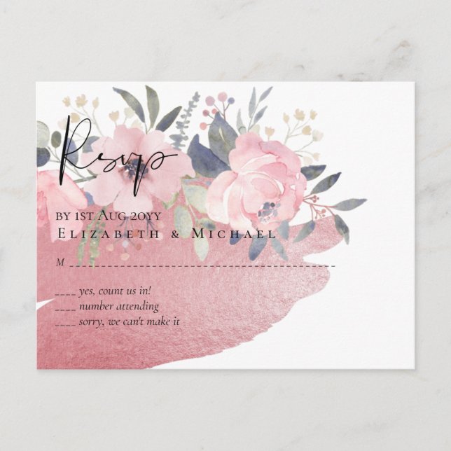 Postal Bonito Girly Rosegold Floral Glam Boda (Anverso)
