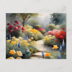 Postal Bonito Jardín con flores azules rojas amarillas