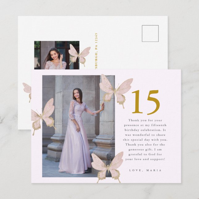 Postal Bonito Mariposas Dos Foto Quinceanera Gracias (Anverso / Reverso)