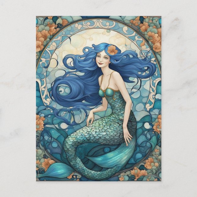 Postal Bonito Mermaid Art Nouveau Art Deco Azul (Anverso)