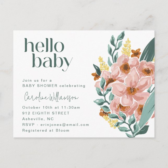 Postal Bonito Mint Sage Pink Floral Hola Baby Shower (Anverso)