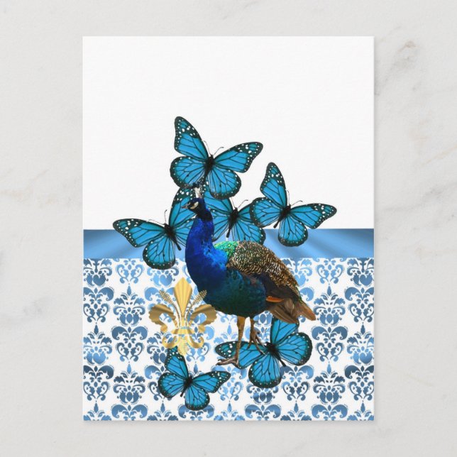 Postal Bonito Peacock y mariposas azules (Anverso)
