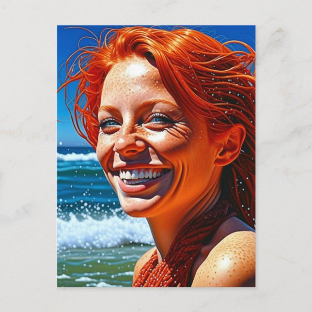 Postal Bonito Red Haired Lady at Beach ai art (Anverso)