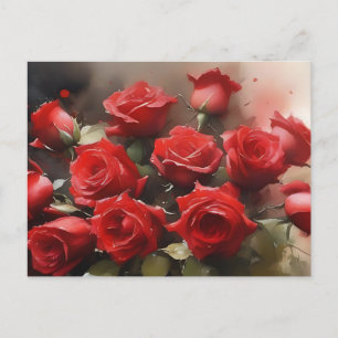 Postal Bonito rojas brillantes jardín acuarela pintura