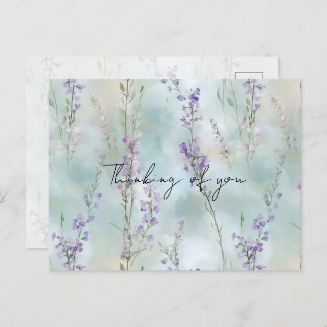 Postal Bonito Romántica Morada Floral Pensando en ti (Anverso / Reverso)