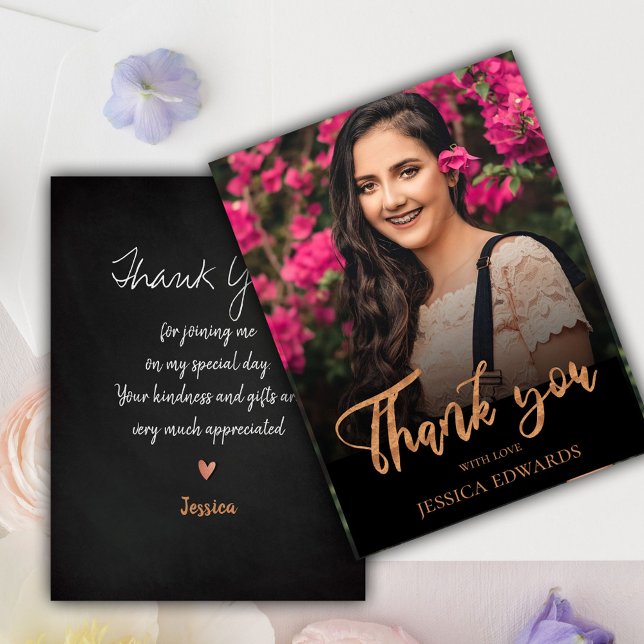 Postal Bonito Script Rosa Oro Foto Graduación Gracias (Pretty Script Rose Gold Photo Graduation Thank You Postcard)