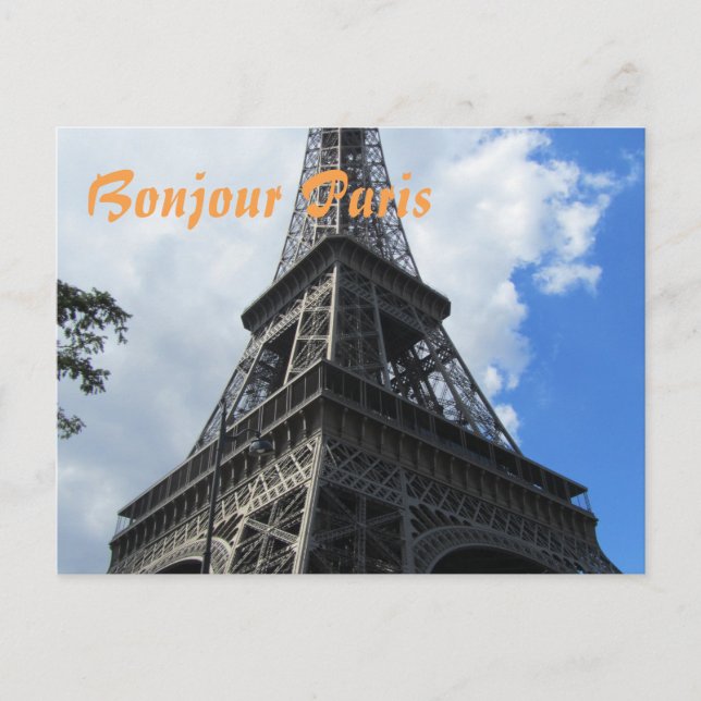 Postal Bonjour Paris Eiffel Tower Close-up Photo (Anverso)