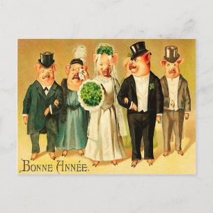 Postal Bonne Année - Novia y novio con familia