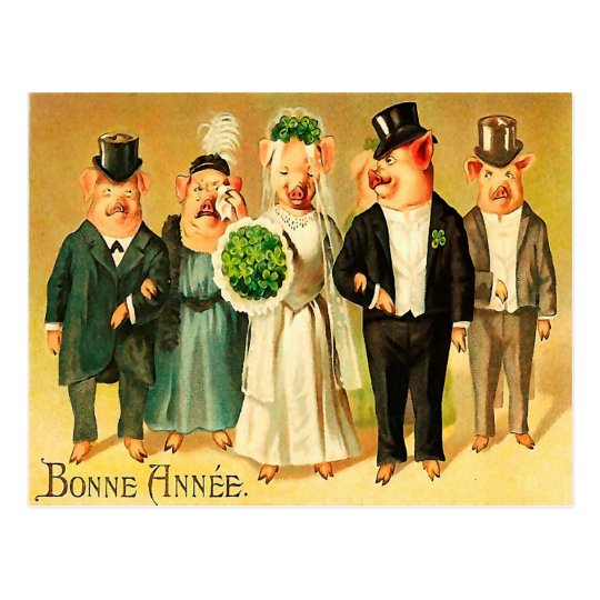 Postal Bonne Année - novia y novio con la familia