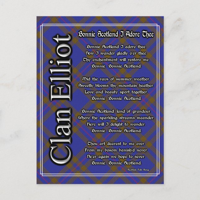 Postal Bonnie Scotland I Adore The Clan Elliot Tartan (Anverso)