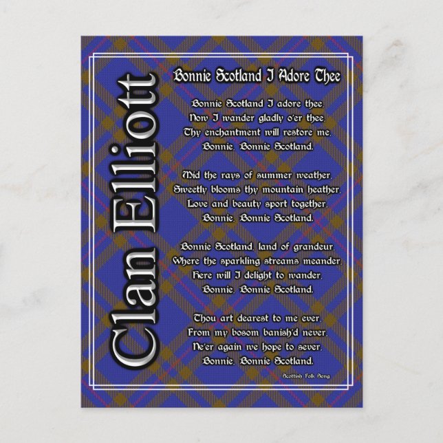 Postal Bonnie Scotland I Adore The Clan Elliott Tartan (Anverso)