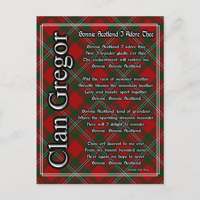 Postal Bonnie Scotland I Adore The Clan Gregor Tartán (Anverso)