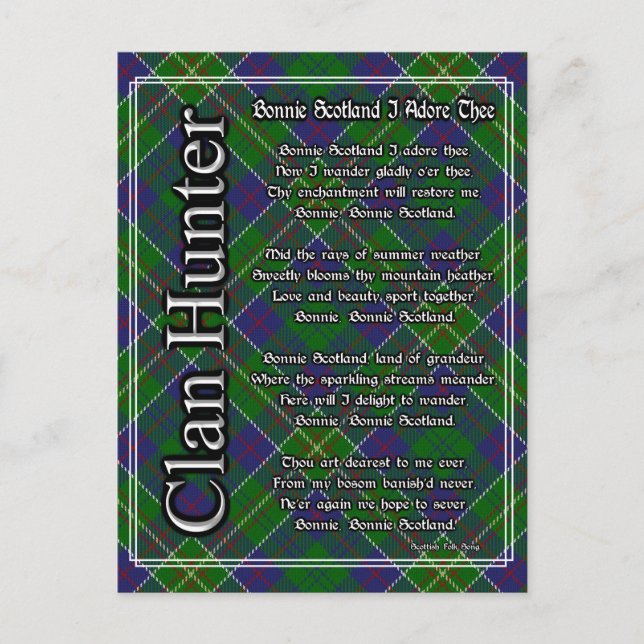 Postal Bonnie Scotland I Adore The Clan Hunter Tartán (Anverso)