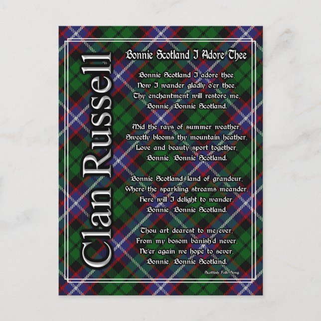 Postal Bonnie Scotland I Adore The Clan Russell Tartan (Anverso)