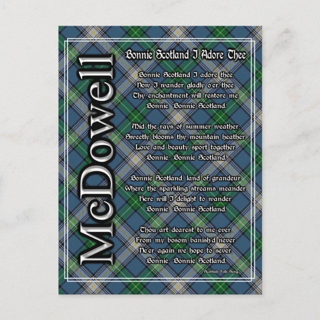 Postal Bonnie Scotland I Adore Thee Clan McDowell Tartán (Anverso)