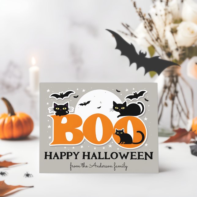 Postal Boo Gatos Negros y Murciélagos Happy Halloween Pos (🦇🎃 Spooky Delights: Personalized Halloween Postcard! 👻)