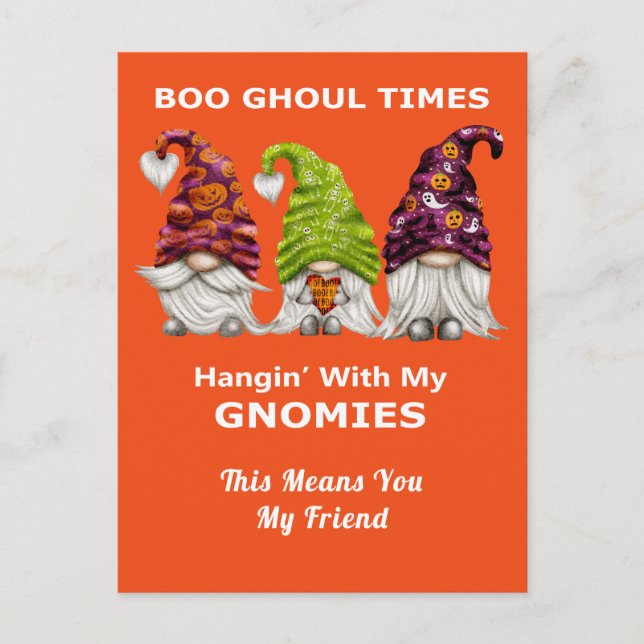 Postal Boo Ghoul Times colgando con mis Gnomies Halloween (Anverso)
