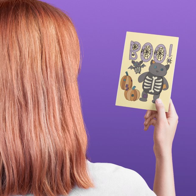 Postal ¡Boo! Halloween de gatos y murciélagos en el esque (Subido por el creador)