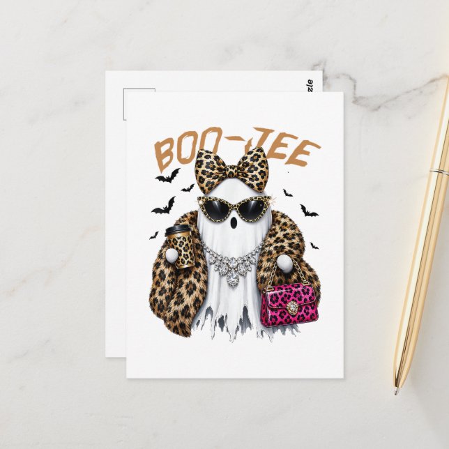 Postal Boo-JEE Fantasma Leopardo Coqueta Halloween (Anverso/Reverso In Situ)