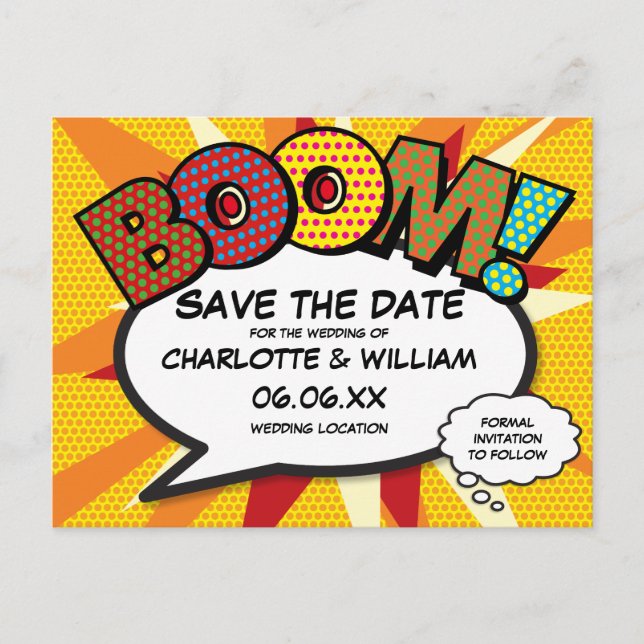 Postal BOOM de la novela cómica moderna Save the Date (Anverso)