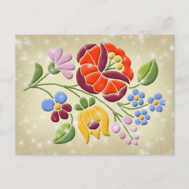 Postal Bordado de Kalocsa - Arte folclórico húngaro (Anverso)