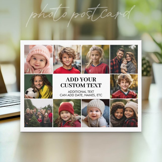 Postal Borde de 10 fotos con texto en el centro - blanco  (Photo Postcard - Customize with your favorite photos)