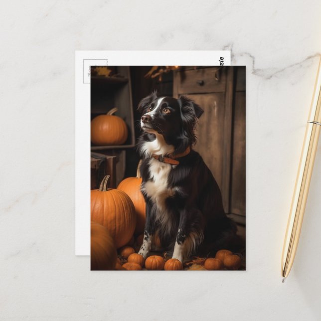 Postal Border Collie de otoño y calabazas (Anverso/Reverso In Situ)