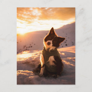 Postal Border Collie Rojo en Montañas Nevadas al Atardece
