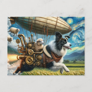 Postal Border Collie steampunk divertido con ovejas y dir