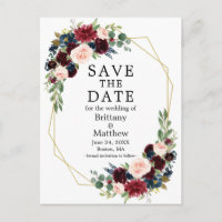 Borgoña Blue Floral Gold Geo Frame Save the Date