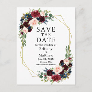 Postal Borgoña Blue Floral Gold Geo Frame Save the Date
