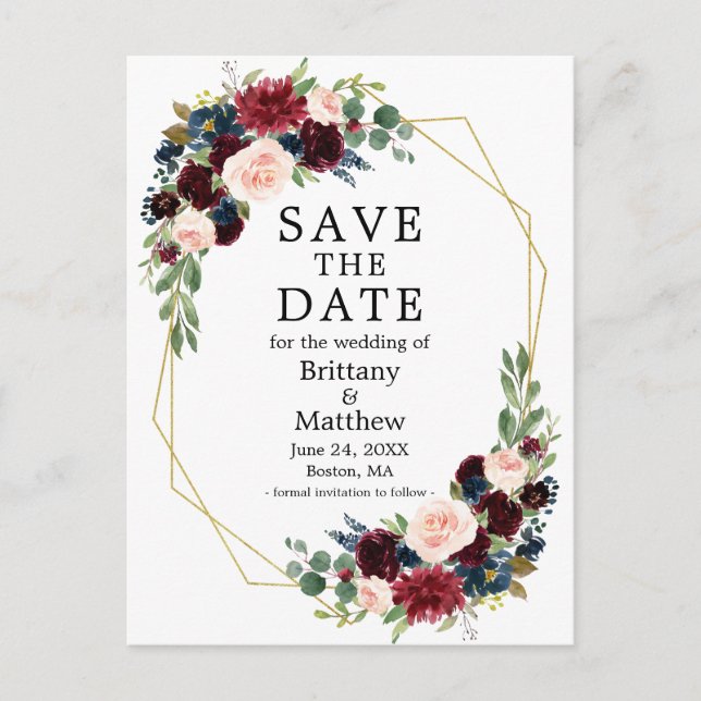 Postal Borgoña Blue Floral Gold Geo Frame Save the Date (Anverso)