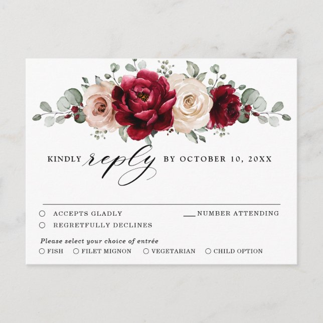 Postal Borgoña Champagne Ivory Mauve Rosa Floral RSVP (Anverso)