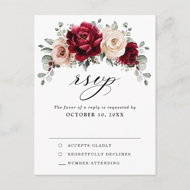 Postal Borgoña Champagne Ivory Mauve Rosa Floral RSVP (Anverso)
