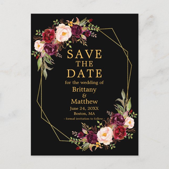 Postal Borgoña Floral Black Gold Geo Frame Save the Date (Anverso)