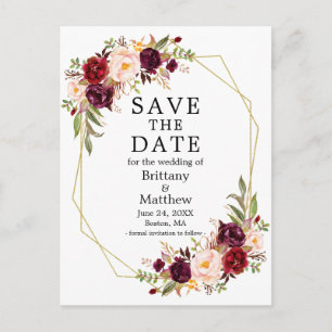 Postal Borgoña Floral Gold Geo Frame Save the Date