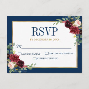 Postal Borgoña Floral Gold Navy Blue Rustic Wedding RSVP