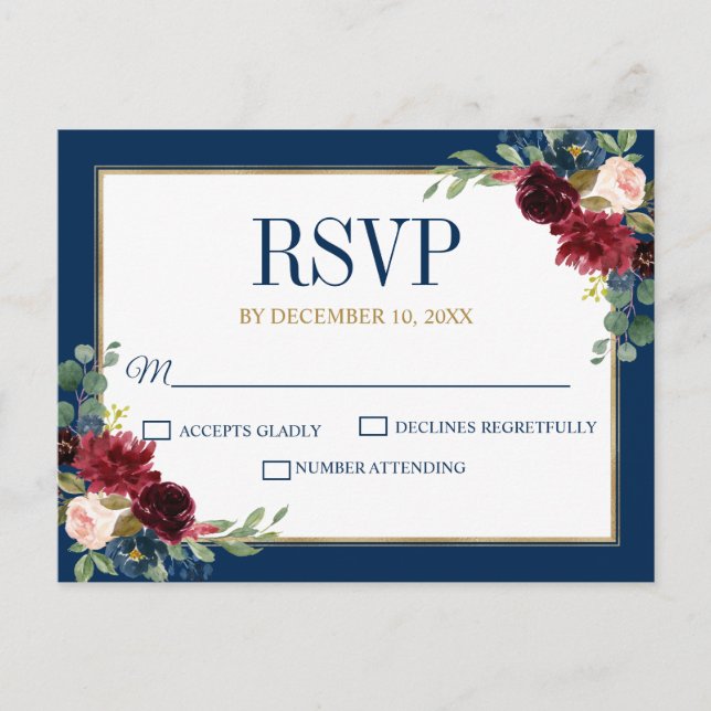 Postal Borgoña Floral Gold Navy Blue Rustic Wedding RSVP (Anverso)