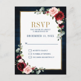 Postal Borgoña floral marco dorado de la marina azul Boda