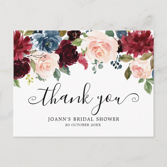 Postal Borgoña Florals Botanical Bridal Shower Gracias (Anverso)