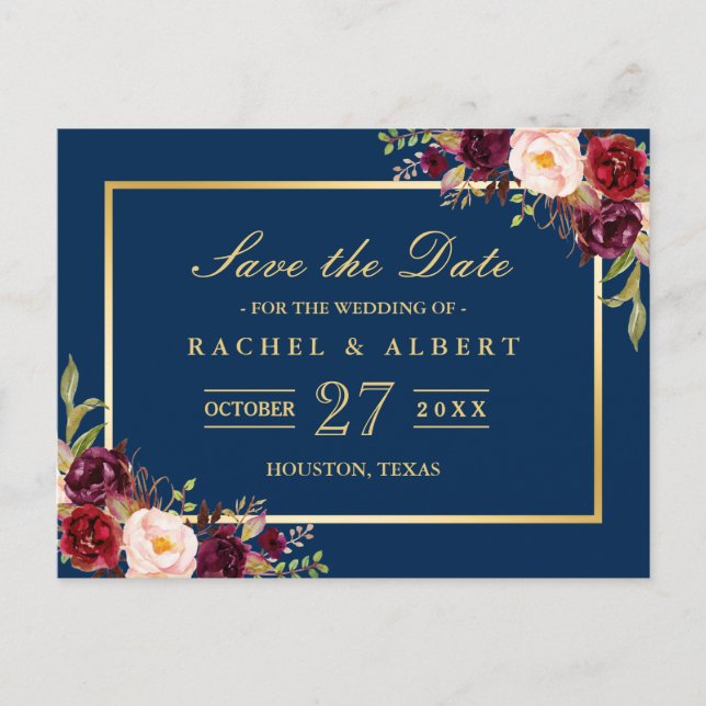 Postal Borgoña Marsala Floral Gold Wedding Save the Date (Anverso)