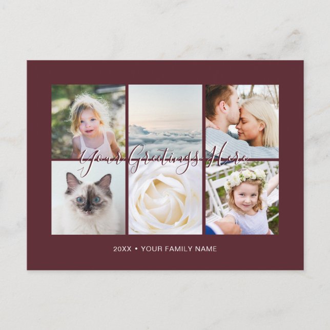 Postal Borgoña Personalizado 6 fotos Saludos Universales (Anverso)